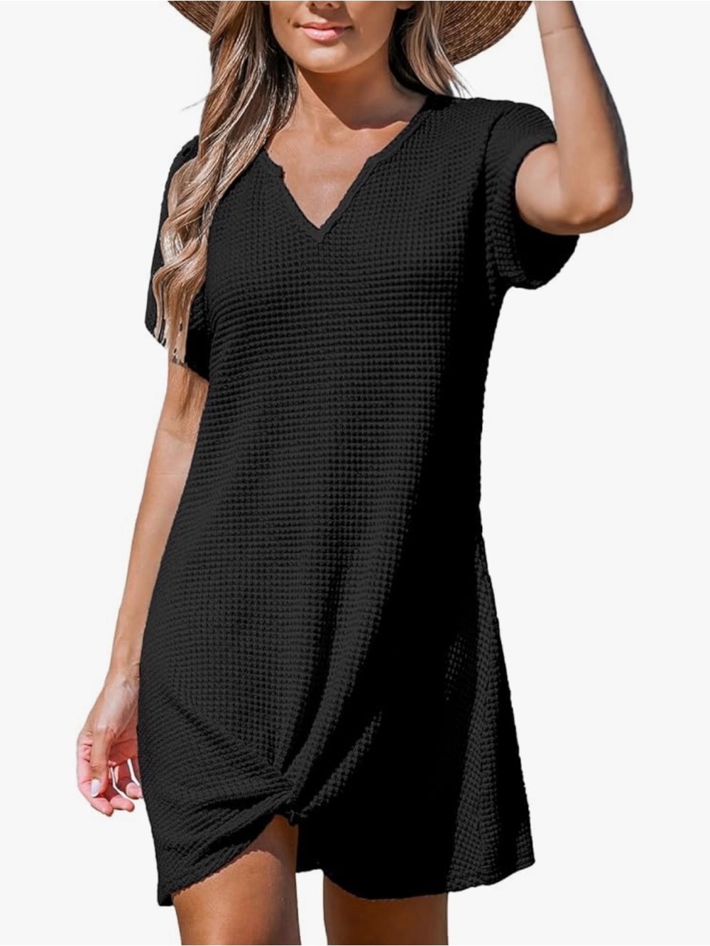Cupshe Women's Waffle Knit Hem Twist Swimsuit Cover Up Black Medium